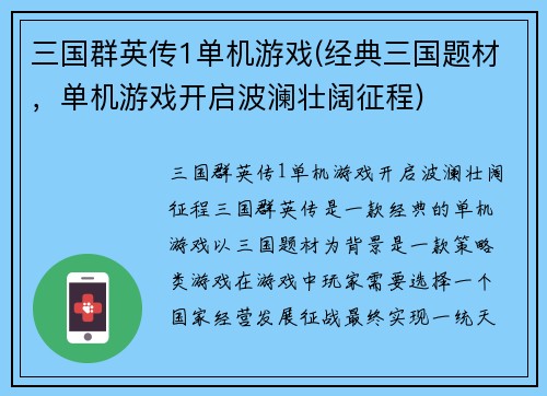 三国群英传1单机游戏(经典三国题材，单机游戏开启波澜壮阔征程)