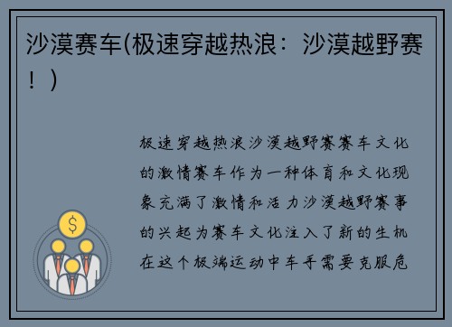 沙漠赛车(极速穿越热浪：沙漠越野赛！)
