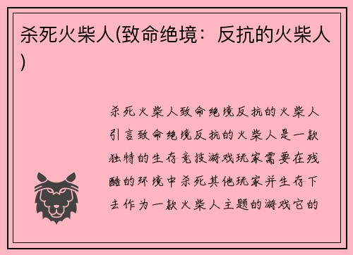 杀死火柴人(致命绝境：反抗的火柴人)