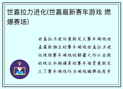 世嘉拉力进化(世嘉最新赛车游戏 燃爆赛场)